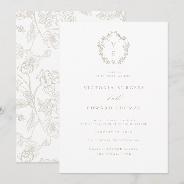 Convites Casamento da Regency Era Crest Beige Monogramas (Frente/Verso)