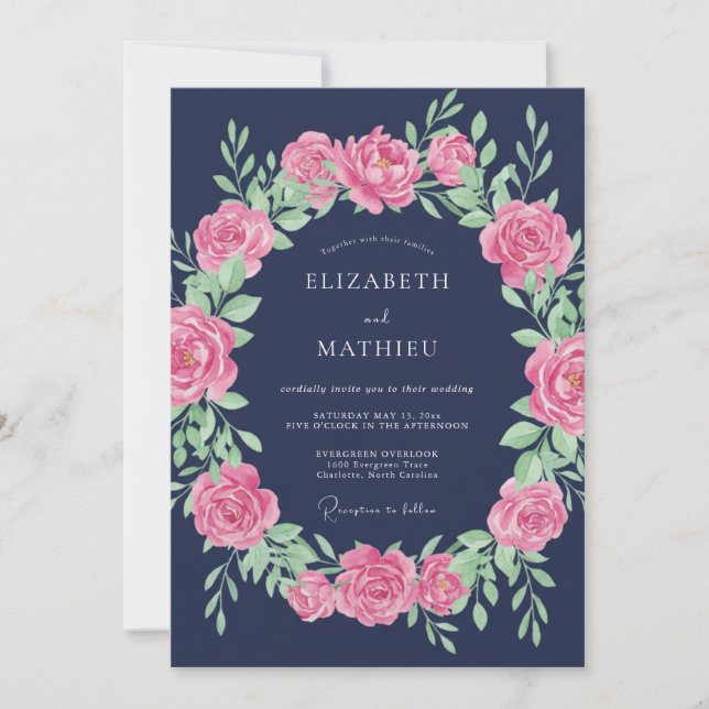 Convites Casamento da Rosa Azul-Marinho Elegante (Frente)