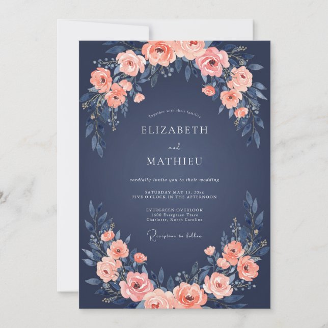 Convites Casamento da Rosa Encantadora Azul-Marinho (Frente)