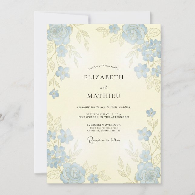 Convites Casamento da Rosa Graciosa Azul Empoeirada (Frente)