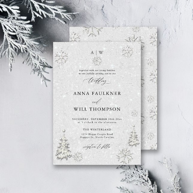 Convites Casamento da Terra Maravilha do Pinho Branco casam (winter wedding invitation white wonderland christmas pine tree glitter black white snow flakes)