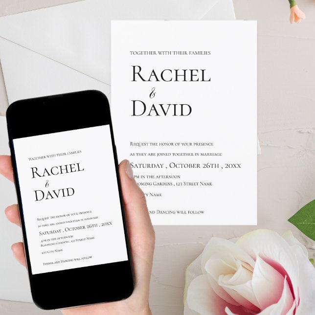 Convites Casamento da Tipografia Branca Negra Clássica (Classic Black White Elegant Typography Wedding Invitation)