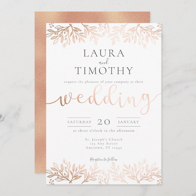 Convites Casamento da Tipografia Floral Rosa Dourada (Frente/Verso)