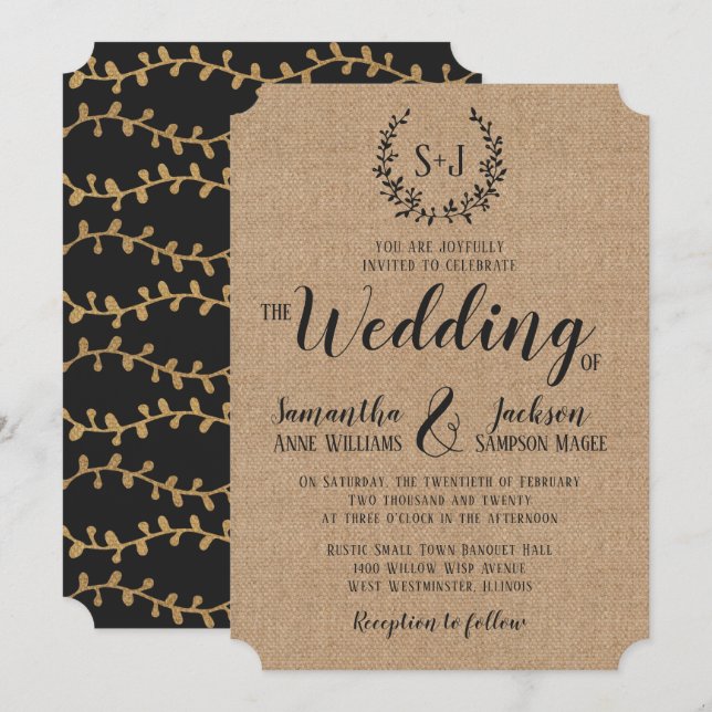 Convites Casamento da Tipografia Negra Elegante Rustic Burl (Frente/Verso)