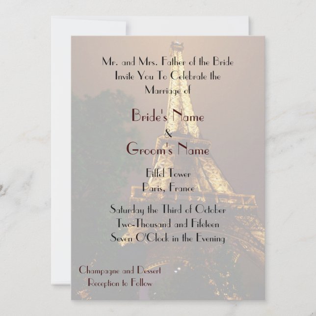Convites Casamento da torre Eiffel da opinião da noite (Frente)