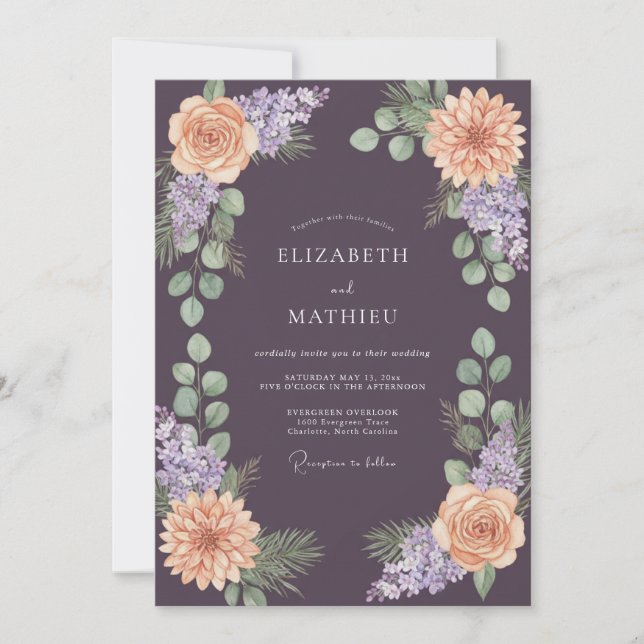 Convites Casamento Dahlia Ameixa Pêssego (Frente)
