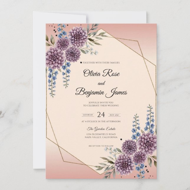 Convites Casamento Dália Violeta Pêssego (Frente)