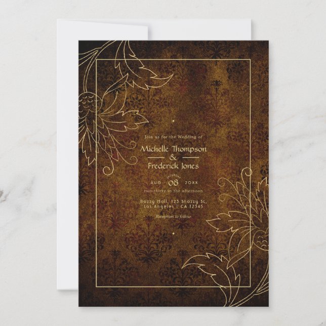 Convites Casamento Damasco Vintage Dourado (Frente)