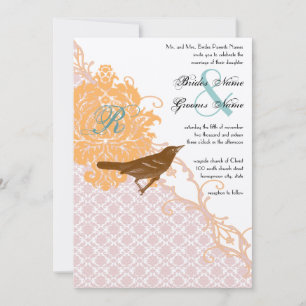 Convites Casamento Damask Aqua Endro Pink Coral Vintage