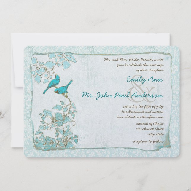 Convites Casamento Damask Azul Turquesa Água Vintage (Frente)