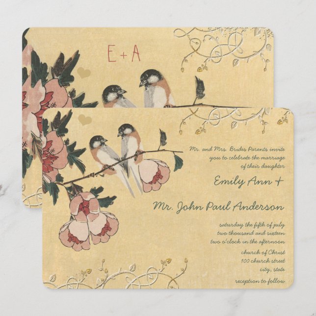 Convites Casamento Damask com Toutinegra de Cerejeira Vinta (Frente/Verso)