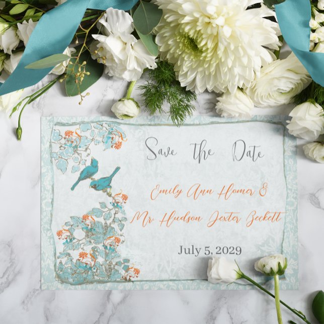 Convites Casamento Damask Laranja Turquesa Aves Vintage (Criador carregado)