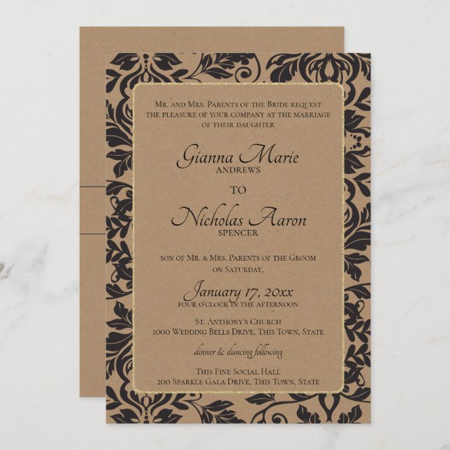 Convites Casamento Damask Natural Kraft Brown (Frente/Verso)