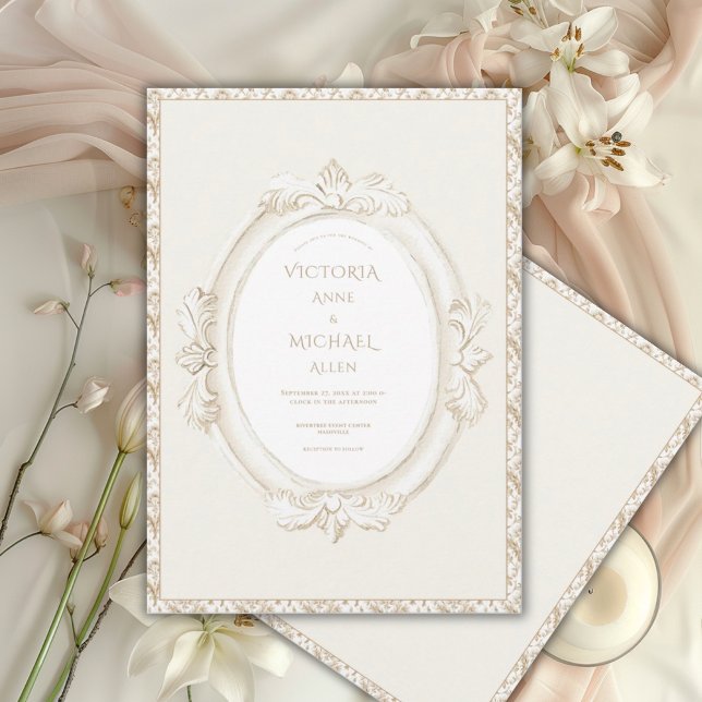 Convites Casamento Damask Neutro Elegante Vintage (Criador carregado)