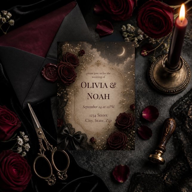 Convites Casamento Dark Romântico Gótico Rosa & Lua (Elegant gothic wedding invitation featuring deep burgundy roses, antique parchment.)