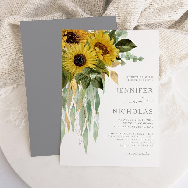 Convites Casamento das Cinzas sunflores modernas (Modern Gray Sunflowers Wedding Invitation)