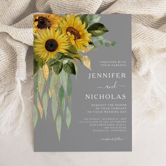 Convites Casamento das Cinzas sunflores modernas (Modern Gray Sunflowers Wedding Invitation)