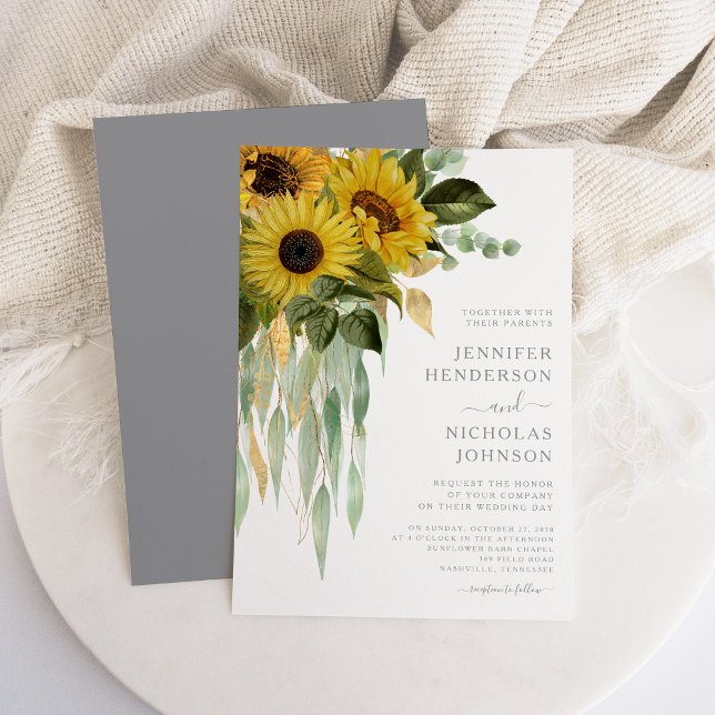 Convites Casamento das Cinzas sunflores modernas (Modern Gray Sunflowers Wedding Invitation)