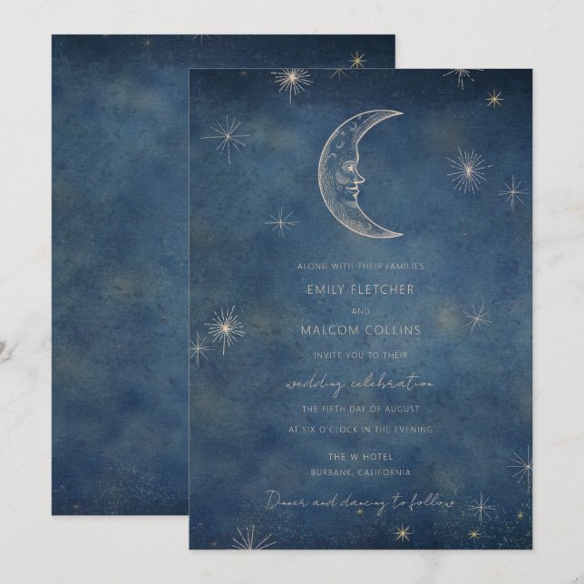 Convites Casamento das Estrelas da Lua Azul Celestial à Mei (Frente/Verso)