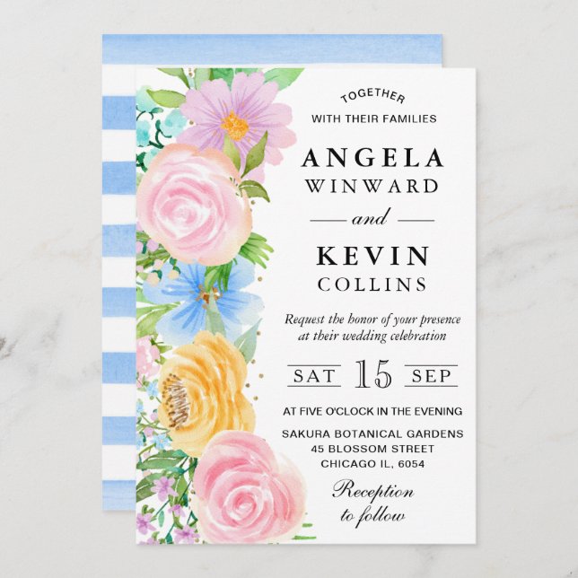 Convites Casamento das Flores de Boho Amarelo-Azul (Frente/Verso)