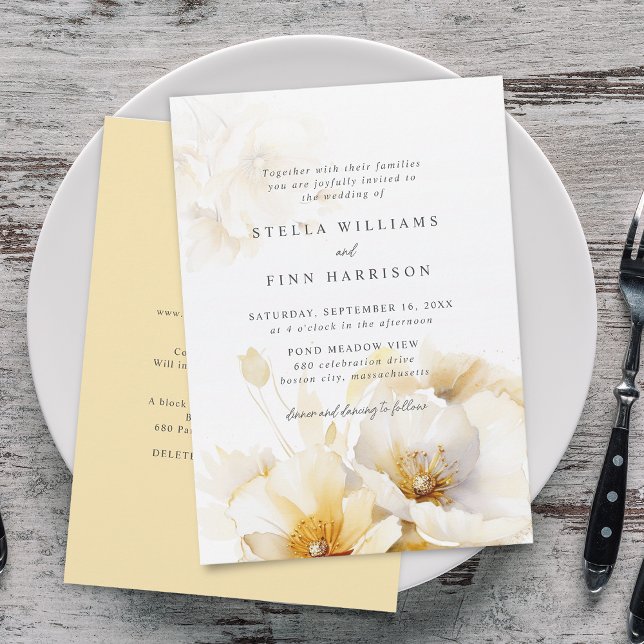 Convites Casamento das Flores Douradas Amarelas brancas Ele (Elegant White Yellow Gold Flowers Details Wedding Invitation)