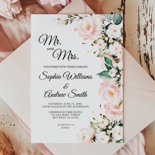 Convites Casamento das Flores Rosa de Elegante Blush (Criador carregado)