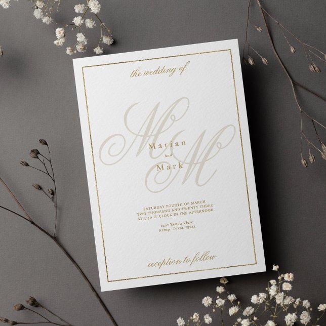 Convites Casamento das iniciais do monograma branco Elegant (Elegant white gold monogram initials wedding)