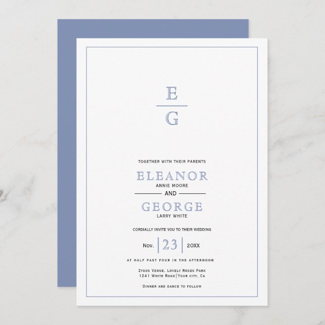 Convites Casamento das iniciais florais da lua azul (Frente/Verso)