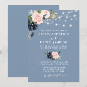Convites Casamento das Luzes Florais Azul-Rosa Elegante