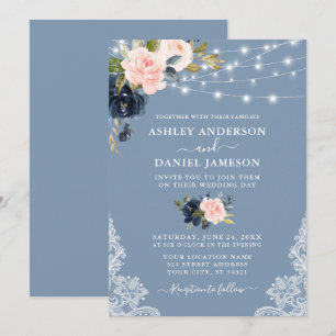 Convites Casamento das Luzes Florais Azul-Rosa Elegante
