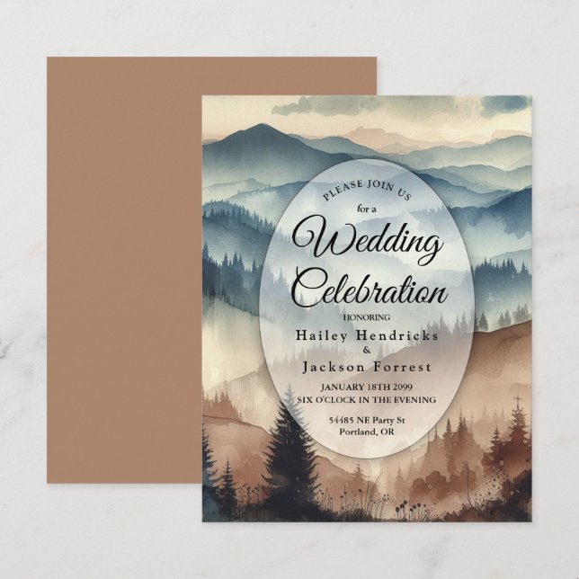 Convites Casamento das Montanhas Dusty Blue e Mocha Brown (Frente/Verso)