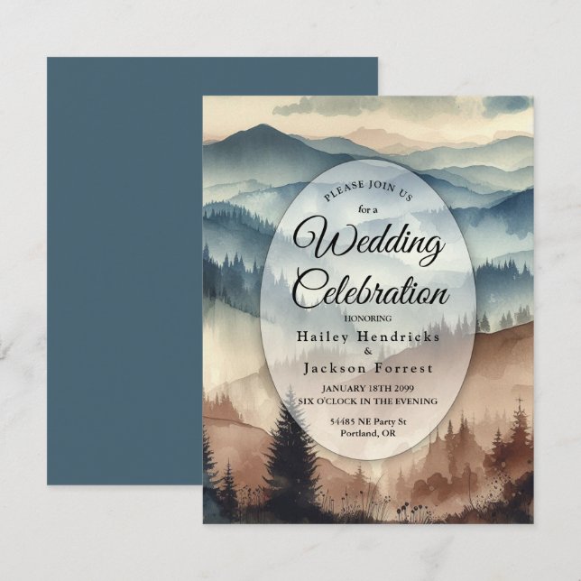 Convites Casamento das Montanhas Dusty Blue e Mocha Brown (Frente/Verso)