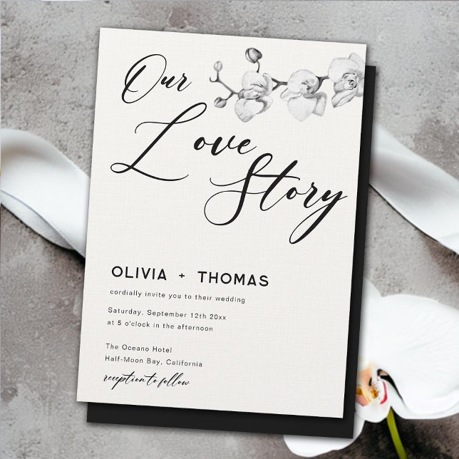 Convites Casamento das Orquídeas Brancas Negras Modernas (our love story modern white orchids wedding invitation elegant boho romantic calligraphy black white)