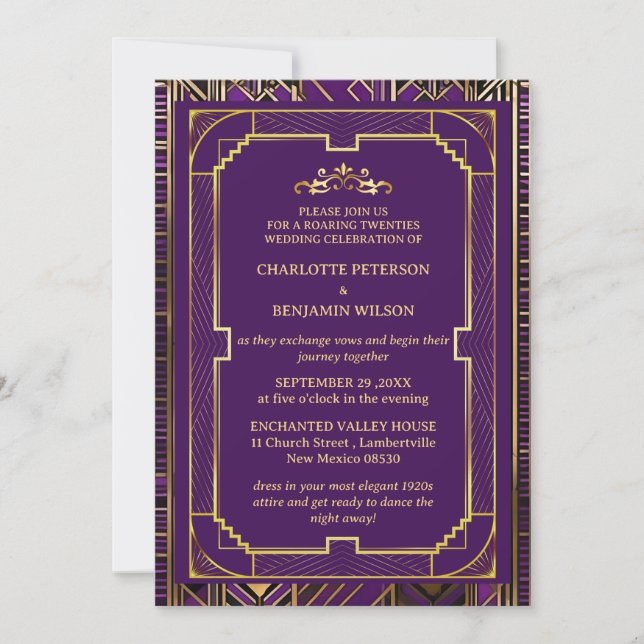 Convites Casamento de 1920 com Gatsby Roxo e Dourado (Frente)