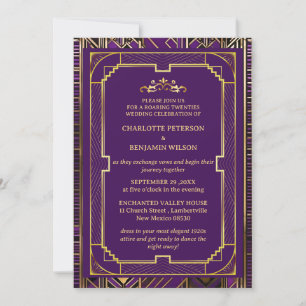 Convites Casamento de 1920 com Gatsby Roxo e Dourado