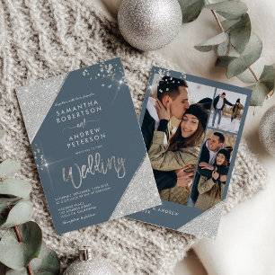 Convites Casamento de 3 Fotos com Azul de Gelo Moderno e La