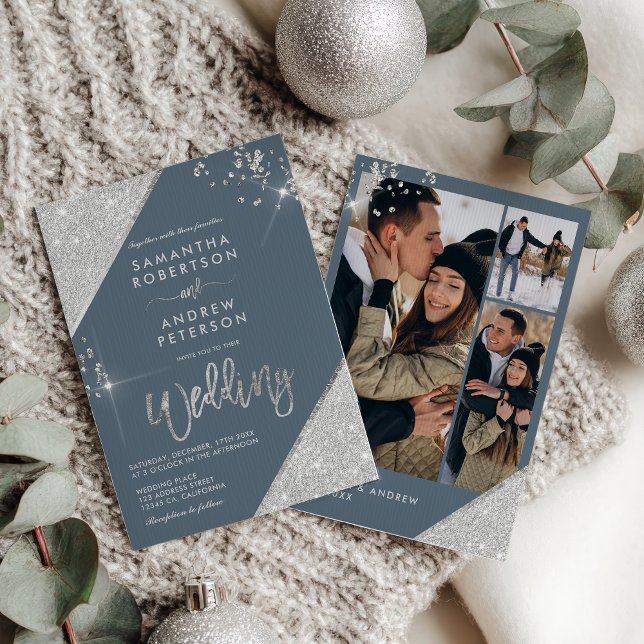 Convites Casamento de 3 Fotos com Azul de Gelo Moderno e La (Modern Ice Blue and Silver Glitter 3-Photo Wedding Invitation)
