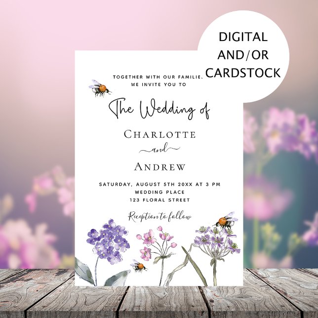 Convites Casamento de abelha rosa púrpura com flores silves (Criador carregado)