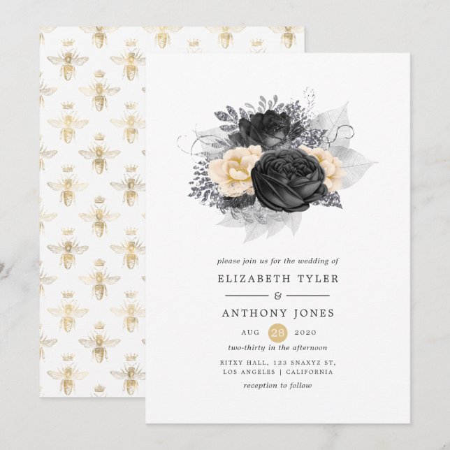 Convites Casamento de Abelhas Florais Preto e Dourado Vinta (Frente/Verso)
