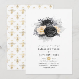 Convites Casamento de Abelhas Florais Preto e Dourado Vinta
