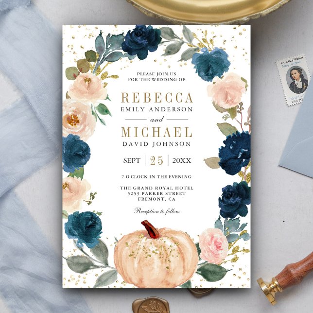 Convites Casamento de Abóbora Floral Azul Naval Rústico e P (Criador carregado)