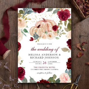 Convites Casamento de Abóbora Floral Burgundy e Pêssego