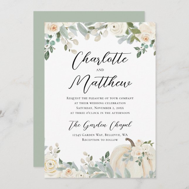 Convites Casamento de Abóbora Floral Moderna com Aquarela (Frente/Verso)