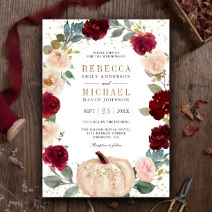 Convites Casamento de Abóbora Floral Rústico Borgonha e Pês