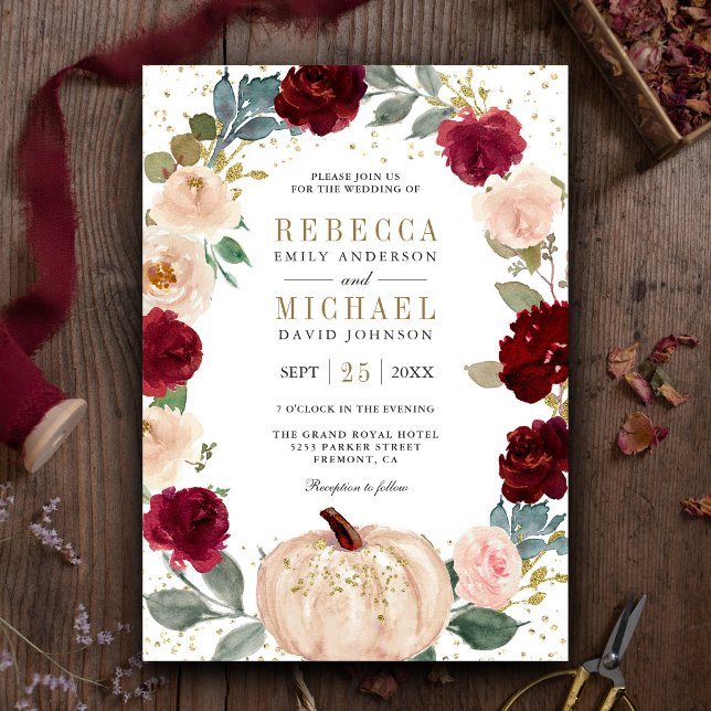 Convites Casamento de Abóbora Floral Rústico Borgonha e Pês (Criador carregado)