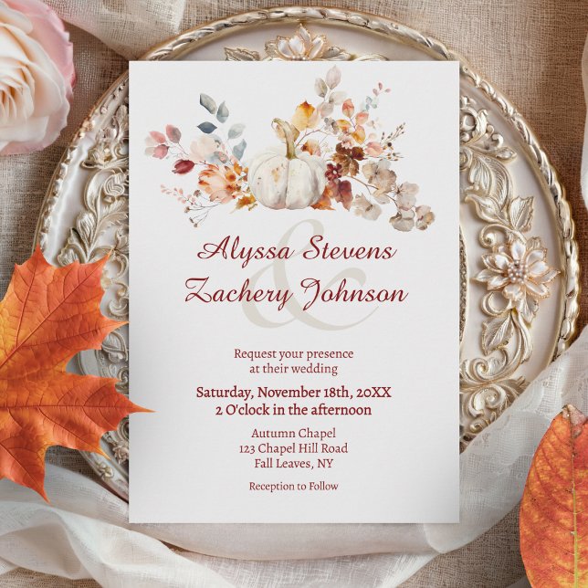 Convites Casamento de Abóbora Rústico de Folhas de outono (White Pumpkin Autumn Leaves Fall Wedding Invitation)