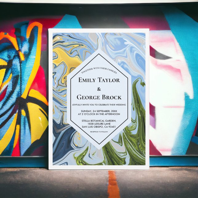 Convites Casamento de Abstrato Azul Amarelo Verde Mínimo El (Criador carregado)