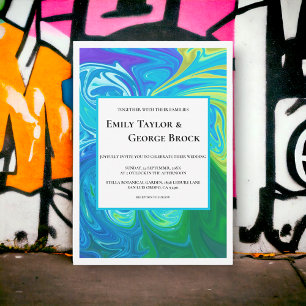 Convites Casamento de Abstrato de Arte por Ondas Verdes Azu