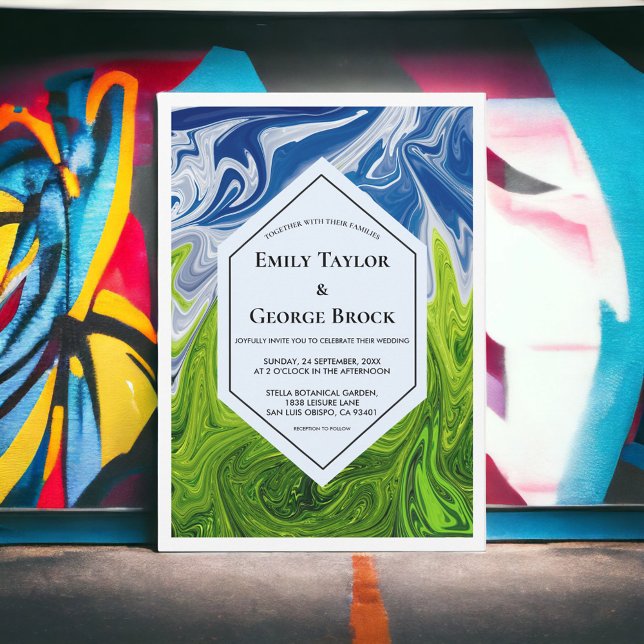 Convites Casamento de Abstrato do Céu Azul Verde Elegante (Criador carregado)