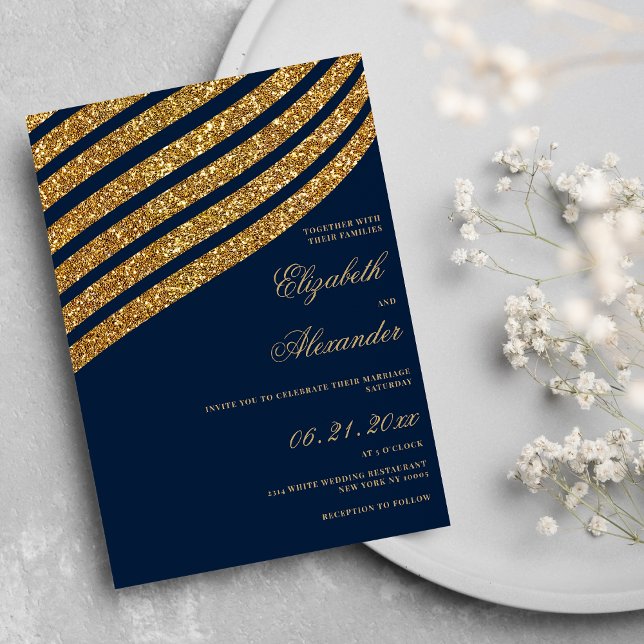 Convites Casamento de abstratos geométrica azul-marinho com (Gold glitter navy blue geometric abstract wedding )